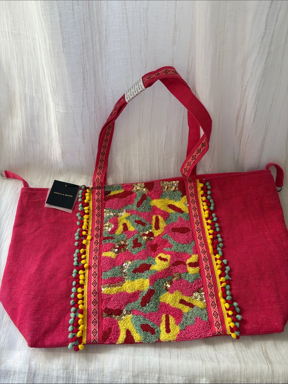 Pink Embroidered Pom-Trim Tote Bag